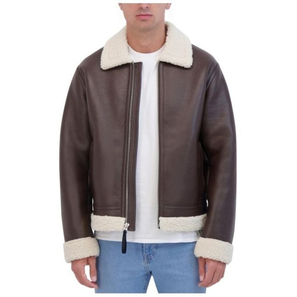 NWOT Hudson Jeans Men's Brown Faux Leather Shearling Bomber Jacket Size Medium